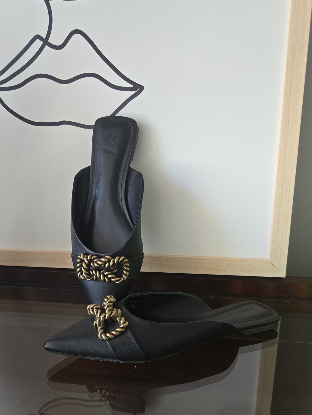 Black Pointed Toe Slip-On Mules with Gold Rope Accent